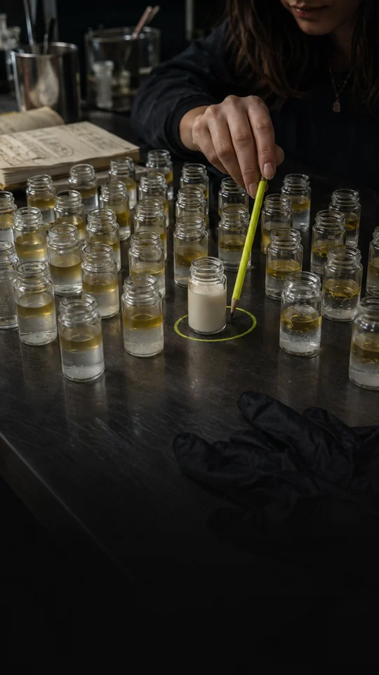 Founder selecting the one stable formula from dozens of separated samples