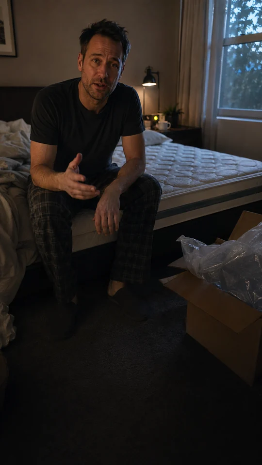 Tired man awake on the edge of a newly unpacked mattress