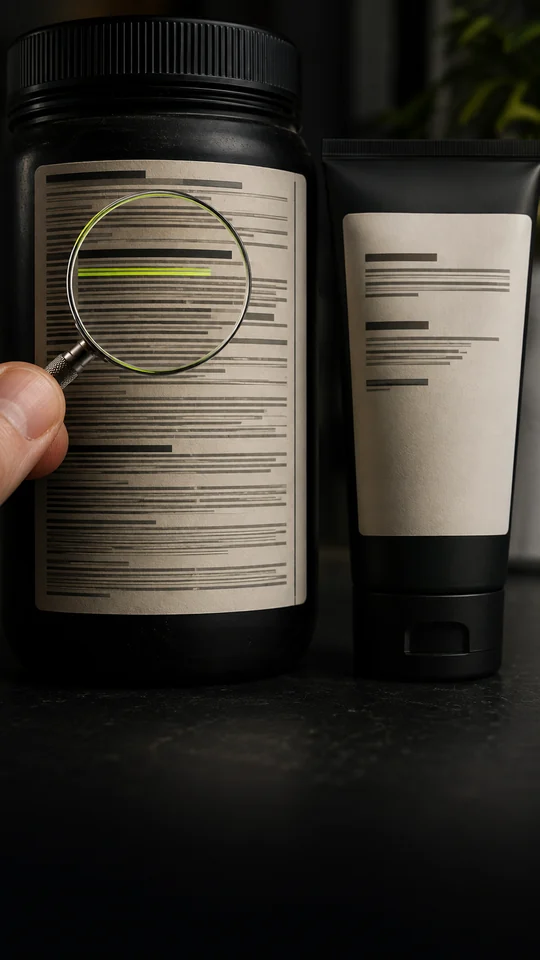 Magnifying glass pointing to the second line of a product label