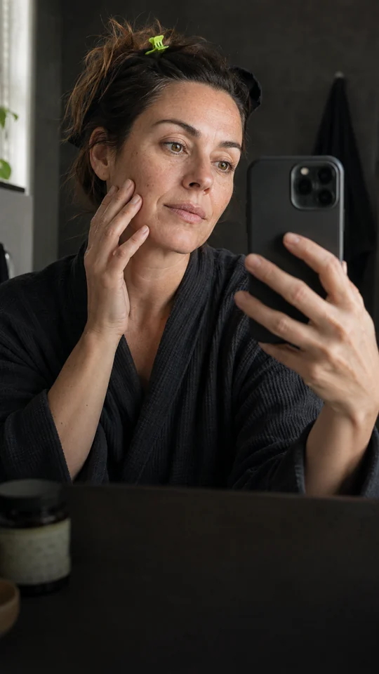 Woman examining her skin while filming a mirror selfie